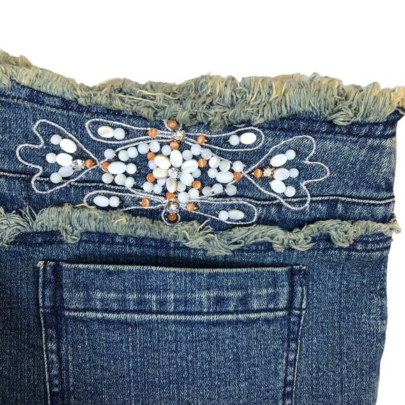 INC Denim Mini Skirt Sz 6 Blue Jean Fringe Embroidered Beaded Y2K Stretch - Picture 6 of 9